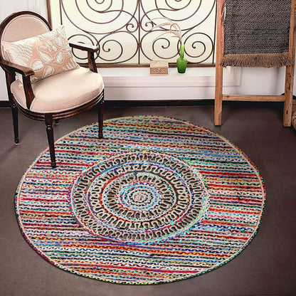 Collection Circle Area Rug - 3 x 3 Ft' Beige and Black Geometric Pettern Jute Mat Ideal for High Traffic Area in Hallway Bedroom Living Room Dining Room Kitchen Terrace Yoga Mat