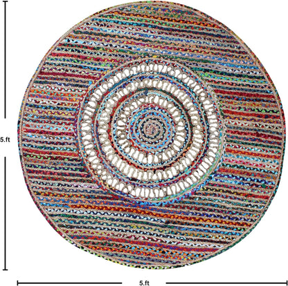 Collection Circle Area Rug - 3 x 3 Ft' Beige and Black Geometric Pettern Jute Mat Ideal for High Traffic Area in Hallway Bedroom Living Room Dining Room Kitchen Terrace Yoga Mat