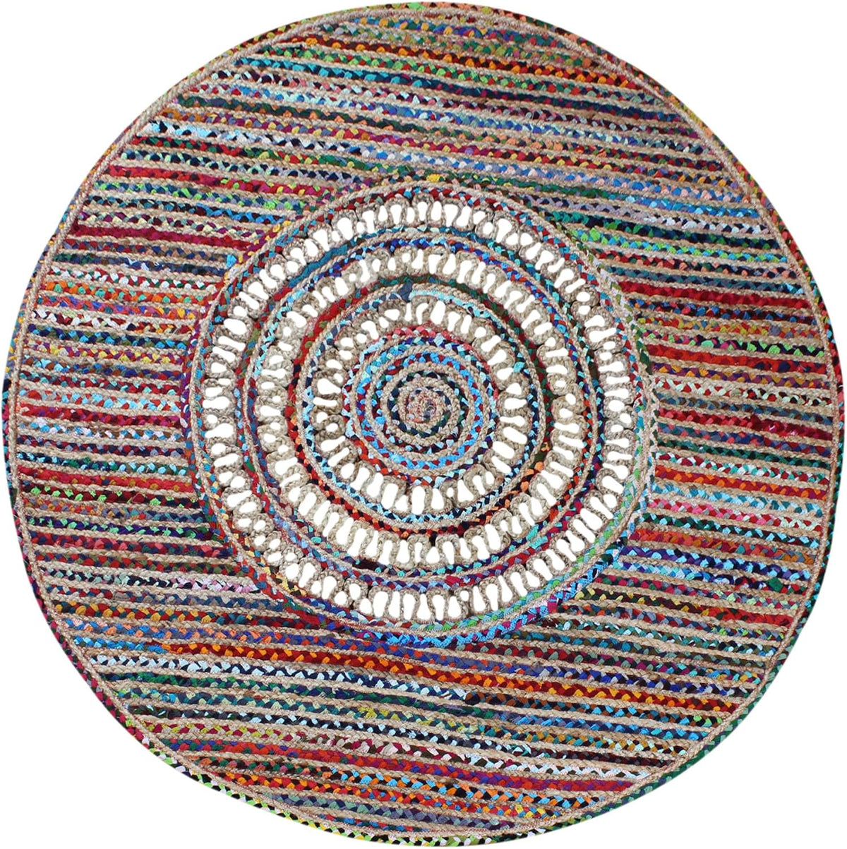 Collection Circle Area Rug - 3 x 3 Ft' Beige and Black Geometric Pettern Jute Mat Ideal for High Traffic Area in Hallway Bedroom Living Room Dining Room Kitchen Terrace Yoga Mat