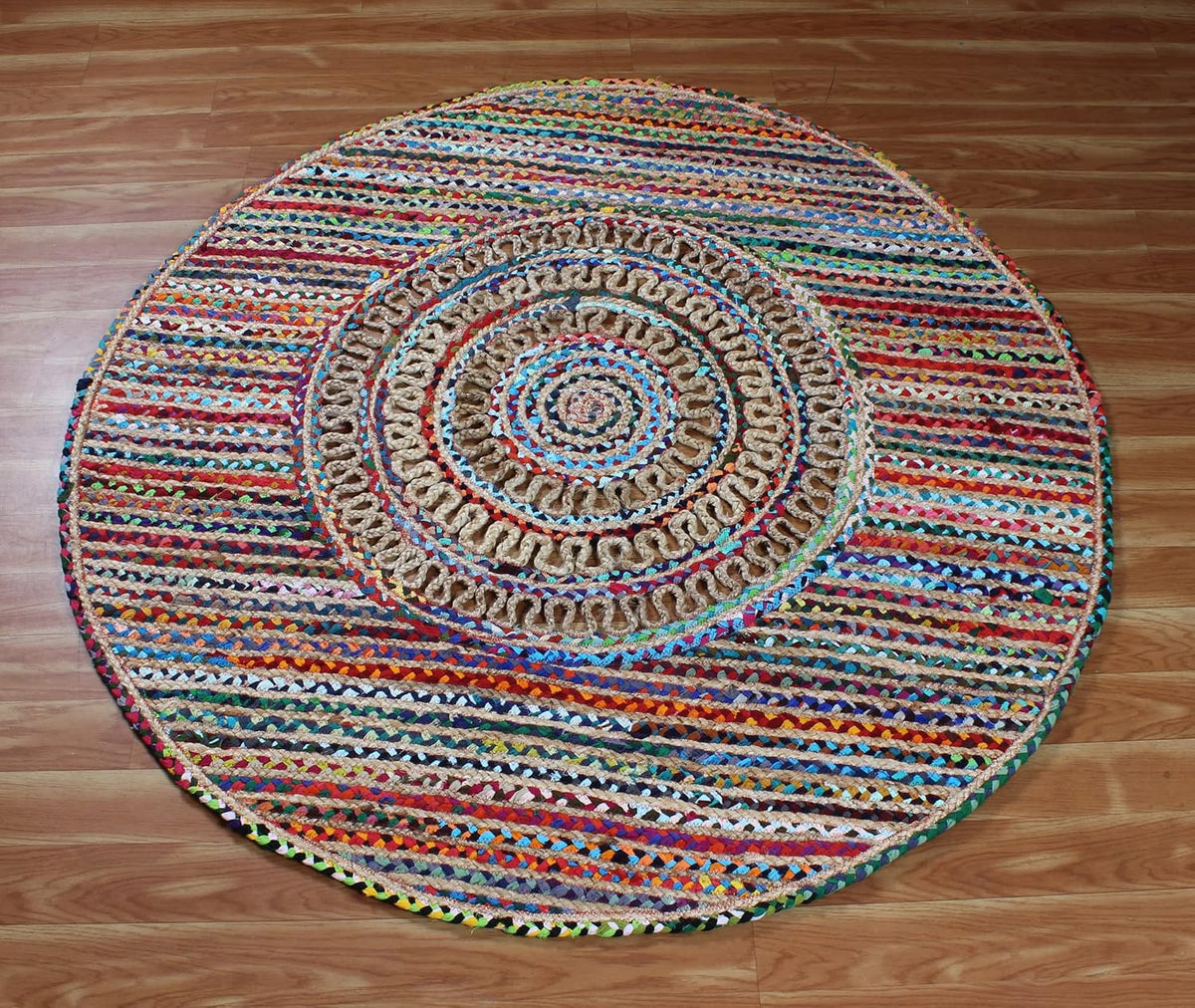 Collection Circle Area Rug - 3 x 3 Ft' Beige and Black Geometric Pettern Jute Mat Ideal for High Traffic Area in Hallway Bedroom Living Room Dining Room Kitchen Terrace Yoga Mat