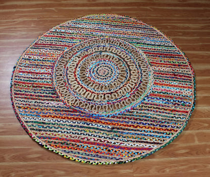 Collection Circle Area Rug - 3 x 3 Ft' Beige and Black Geometric Pettern Jute Mat Ideal for High Traffic Area in Hallway Bedroom Living Room Dining Room Kitchen Terrace Yoga Mat