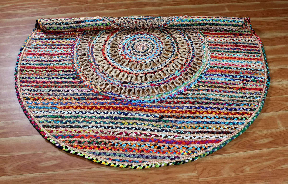 Collection Circle Area Rug - 3 x 3 Ft' Beige and Black Geometric Pettern Jute Mat Ideal for High Traffic Area in Hallway Bedroom Living Room Dining Room Kitchen Terrace Yoga Mat
