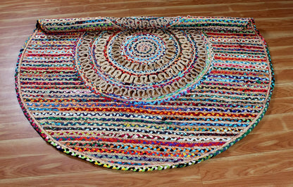 Collection Circle Area Rug - 3 x 3 Ft' Beige and Black Geometric Pettern Jute Mat Ideal for High Traffic Area in Hallway Bedroom Living Room Dining Room Kitchen Terrace Yoga Mat