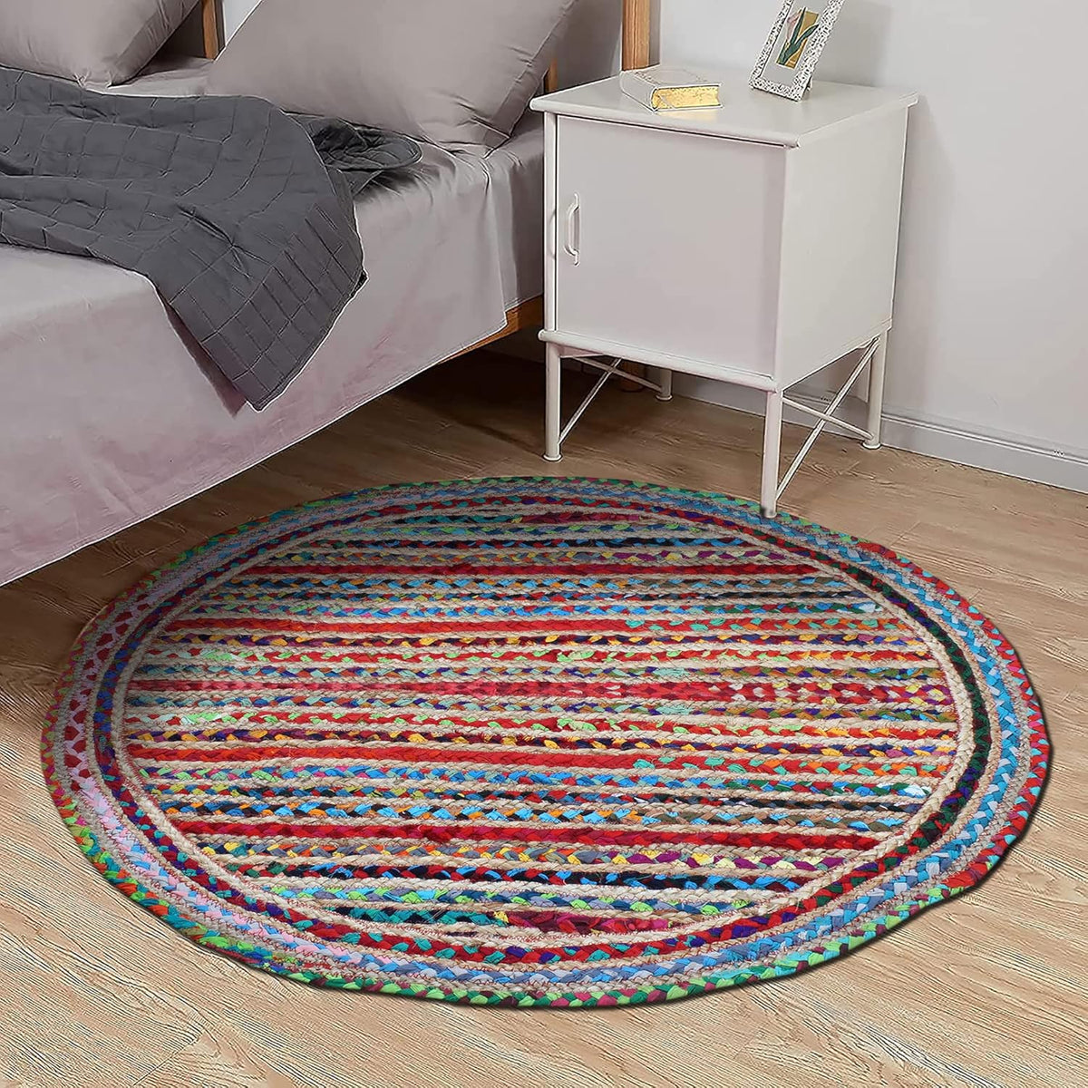 Collection Circle Area Rug - 3 x 3 Ft' Beige and Black Geometric Pettern Jute Mat Ideal for High Traffic Area in Hallway Bedroom Living Room Dining Room Kitchen Terrace Yoga Mat