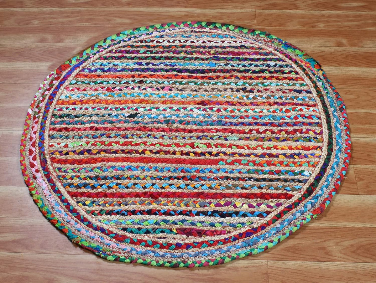 Collection Circle Area Rug - 3 x 3 Ft' Beige and Black Geometric Pettern Jute Mat Ideal for High Traffic Area in Hallway Bedroom Living Room Dining Room Kitchen Terrace Yoga Mat