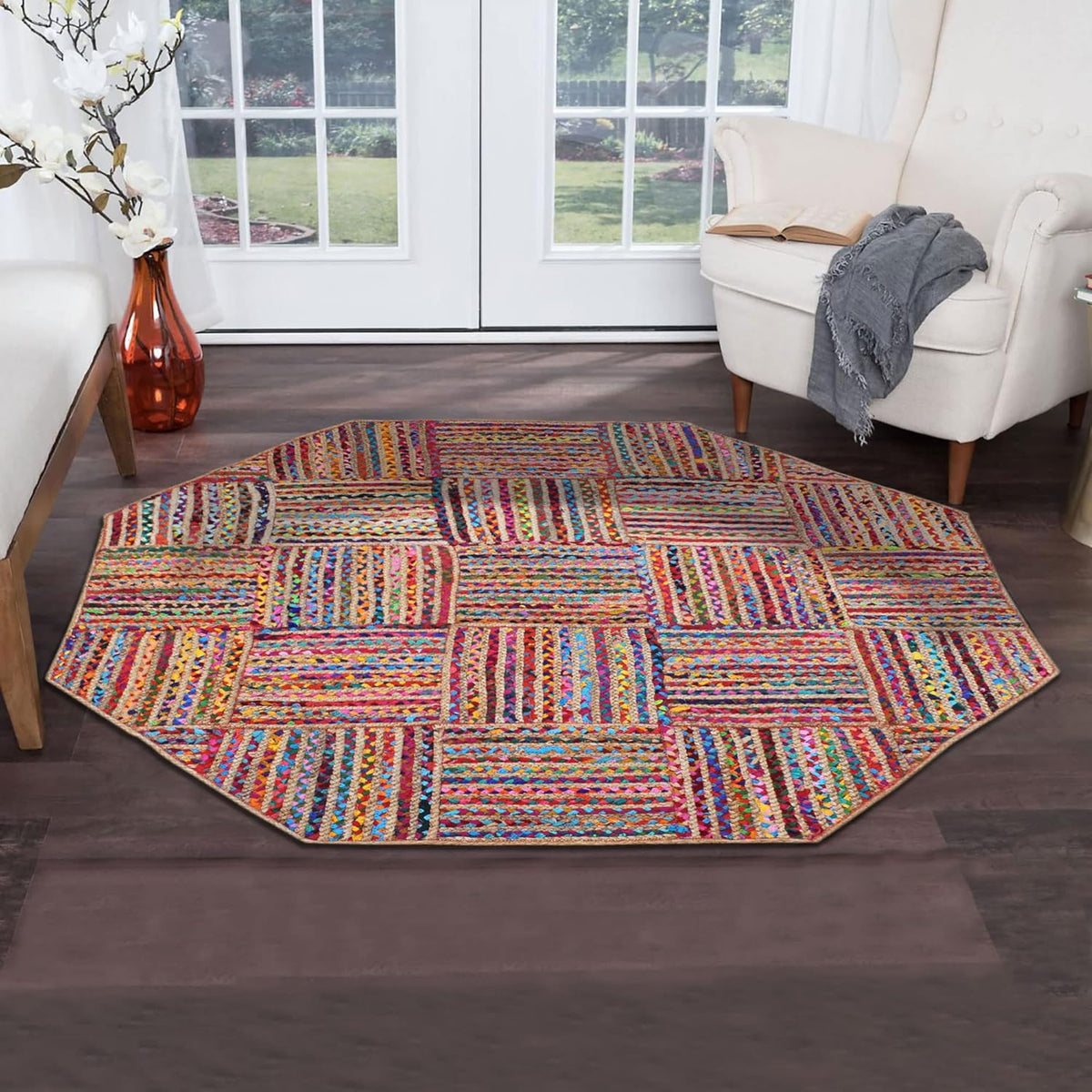 Collection Circle Area Rug - 3 x 3 Ft' Beige and Black Geometric Pettern Jute Mat Ideal for High Traffic Area in Hallway Bedroom Living Room Dining Room Kitchen Terrace Yoga Mat