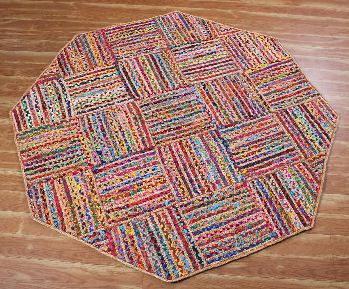 Collection Circle Area Rug - 3 x 3 Ft' Beige and Black Geometric Pettern Jute Mat Ideal for High Traffic Area in Hallway Bedroom Living Room Dining Room Kitchen Terrace Yoga Mat