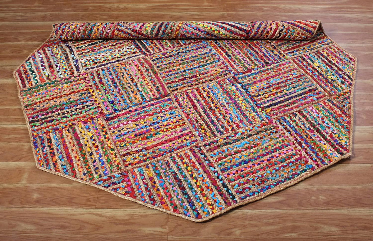 Collection Circle Area Rug - 3 x 3 Ft' Beige and Black Geometric Pettern Jute Mat Ideal for High Traffic Area in Hallway Bedroom Living Room Dining Room Kitchen Terrace Yoga Mat