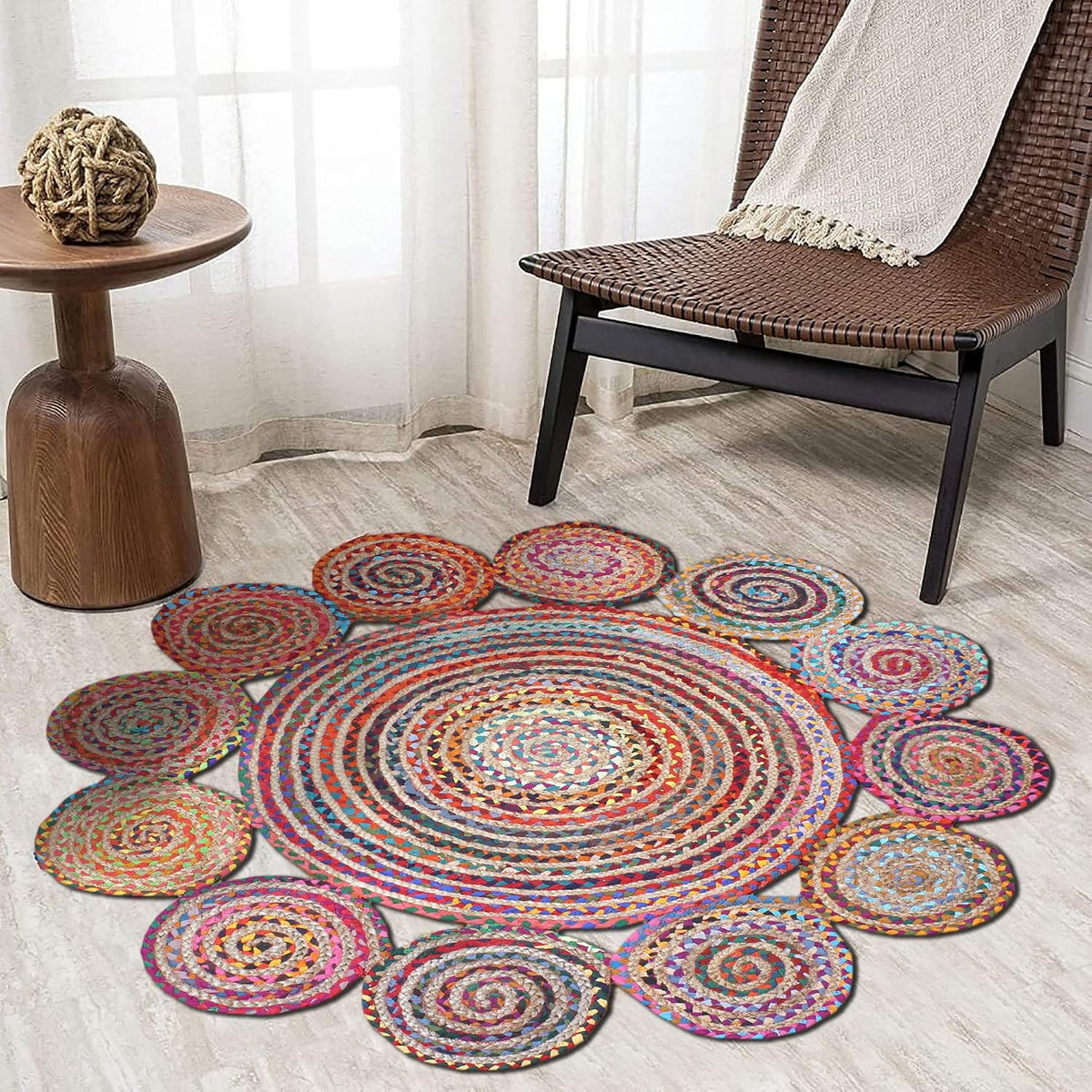 Collection Circle Area Rug - 3 x 3 Ft' Beige and Black Geometric Pettern Jute Mat Ideal for High Traffic Area in Hallway Bedroom Living Room Dining Room Kitchen Terrace Yoga Mat