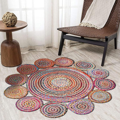 Collection Circle Area Rug - 3 x 3 Ft' Beige and Black Geometric Pettern Jute Mat Ideal for High Traffic Area in Hallway Bedroom Living Room Dining Room Kitchen Terrace Yoga Mat