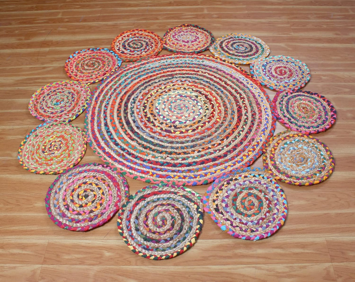 Collection Circle Area Rug - 3 x 3 Ft' Beige and Black Geometric Pettern Jute Mat Ideal for High Traffic Area in Hallway Bedroom Living Room Dining Room Kitchen Terrace Yoga Mat