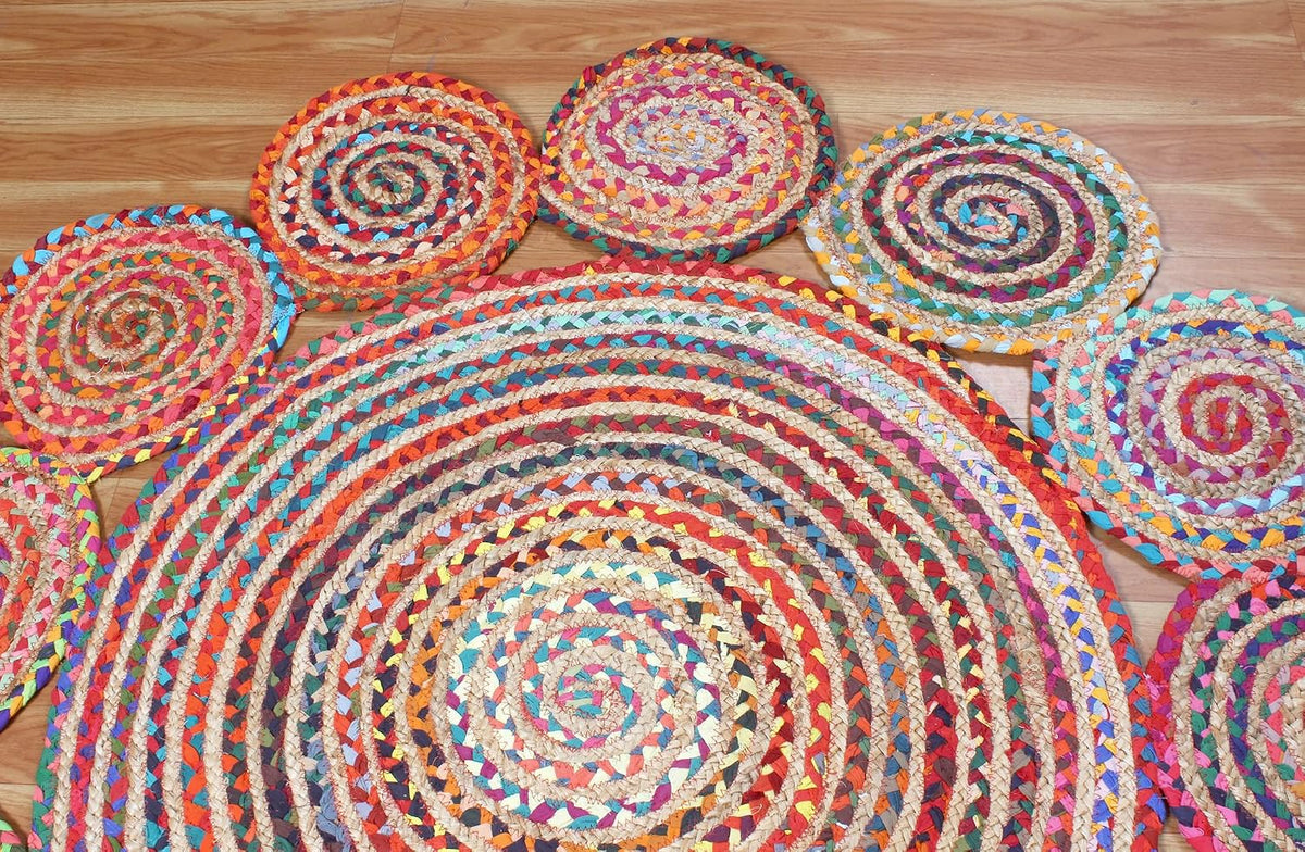 Collection Circle Area Rug - 3 x 3 Ft' Beige and Black Geometric Pettern Jute Mat Ideal for High Traffic Area in Hallway Bedroom Living Room Dining Room Kitchen Terrace Yoga Mat