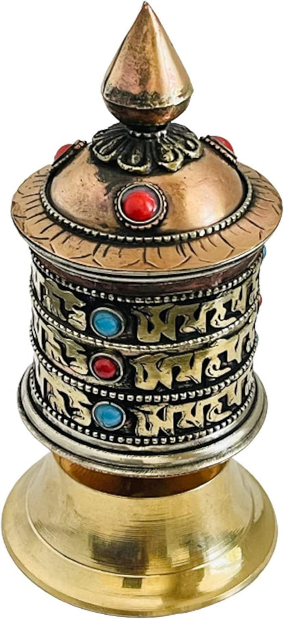 QT S Tibetan Hand Carved Table Top Prayer Wheel - Premium Spiritual/Relaxation/Meditation/Yoga Accessories Gift Set - Home & Zen Decor - Om Mani Padme Hum Mantra Made in Buddha born Country, Nepal