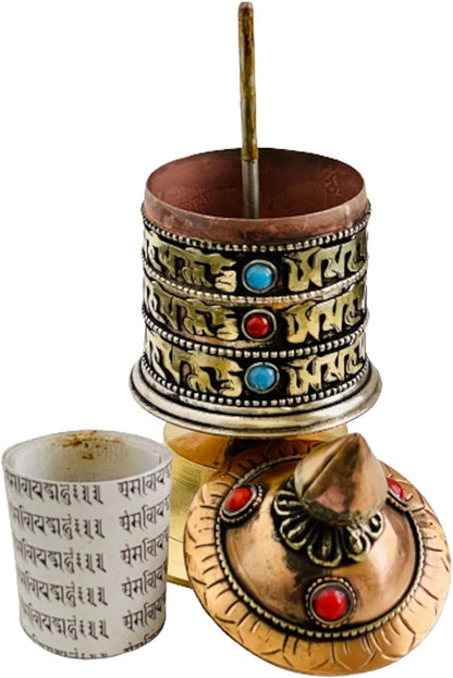 QT S Tibetan Hand Carved Table Top Prayer Wheel - Premium Spiritual/Relaxation/Meditation/Yoga Accessories Gift Set - Home & Zen Decor - Om Mani Padme Hum Mantra Made in Buddha born Country, Nepal