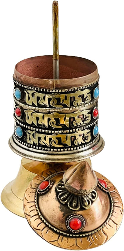 QT S Tibetan Hand Carved Table Top Prayer Wheel - Premium Spiritual/Relaxation/Meditation/Yoga Accessories Gift Set - Home & Zen Decor - Om Mani Padme Hum Mantra Made in Buddha born Country, Nepal
