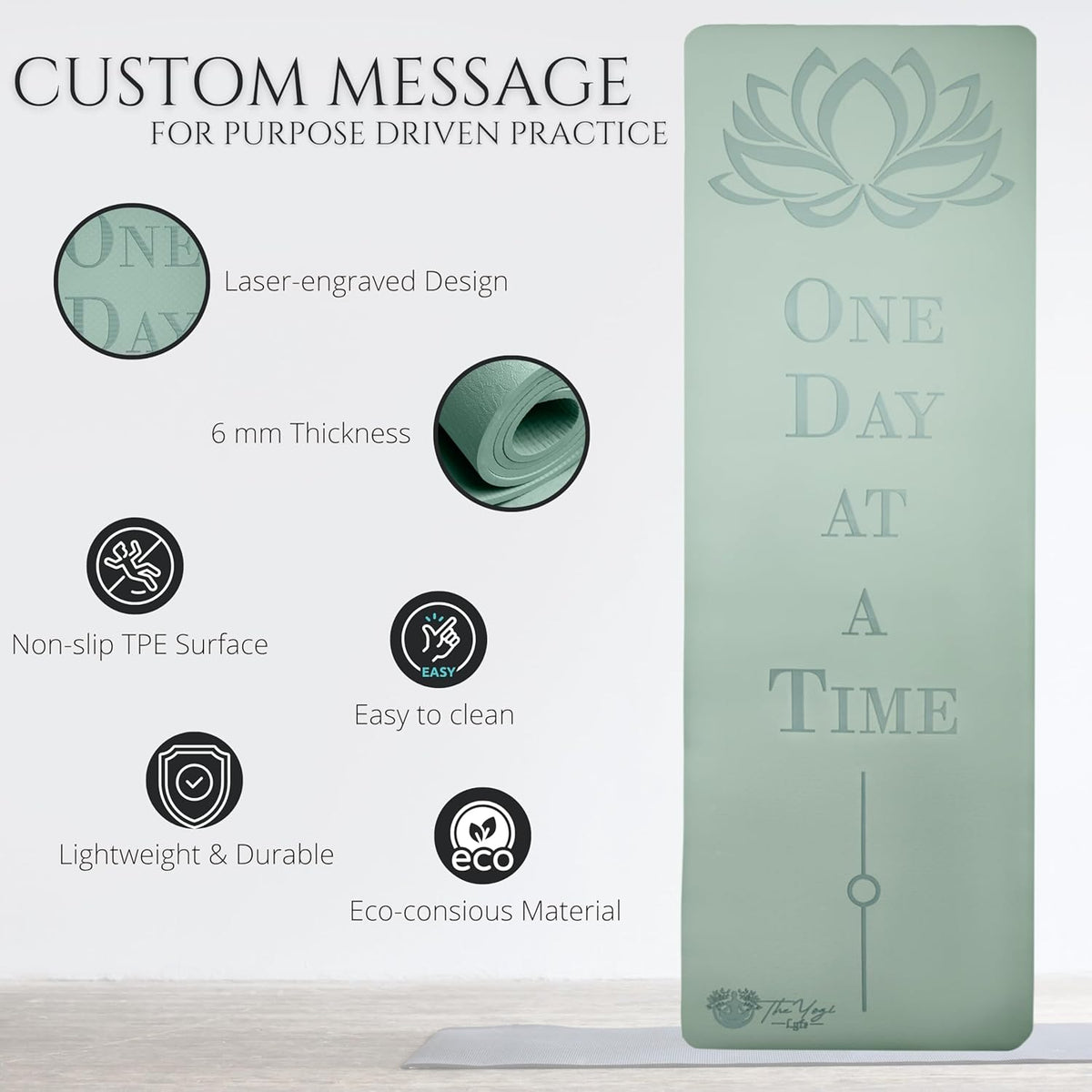 Recovery Lyfe Yoga Mat – “One Day at a Time” Engraving, Non-Slip Eco TPE, Sage Green, 72" x 24" x 6mm, Yoga & Meditation Mat for Recovery and Grounding