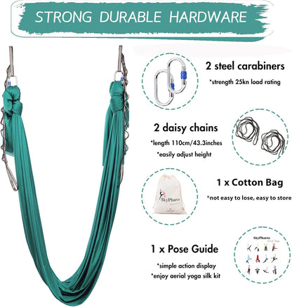 5.5 Yards Aerial Silks Yoga Swing Set - Aerial Yoga Hammock Kit Anti-Gravity Flying for Fitness, Low/Non Stretch Nylon Tricot Fabric Hardware Included for Dance