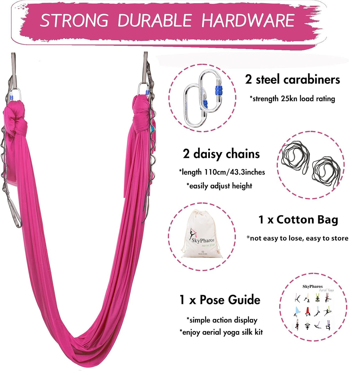 5.5 Yards Aerial Silks Yoga Swing Set - Aerial Yoga Hammock Kit Anti-Gravity Flying for Fitness, Low/Non Stretch Nylon Tricot Fabric Hardware Included for Dance