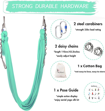 5.5 Yards Aerial Silks Yoga Swing Set - Aerial Yoga Hammock Kit Anti-Gravity Flying for Fitness, Low/Non Stretch Nylon Tricot Fabric Hardware Included for Dance
