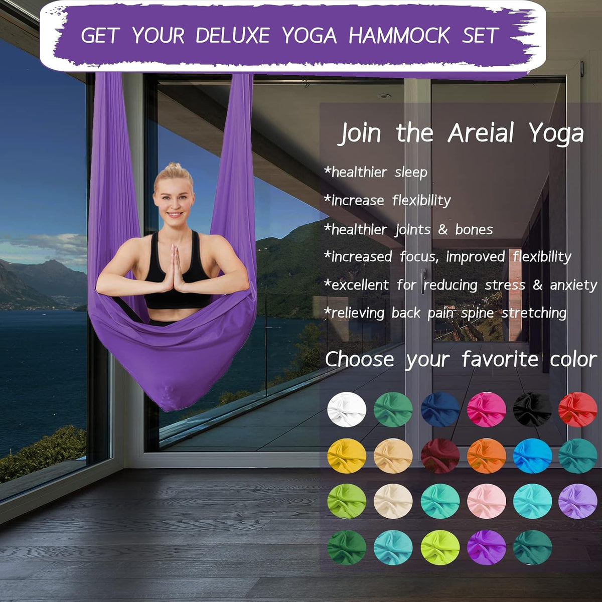 5.5 Yards Aerial Silks Yoga Swing Set - Aerial Yoga Hammock Kit Anti-Gravity Flying for Fitness, Low/Non Stretch Nylon Tricot Fabric Hardware Included for Dance