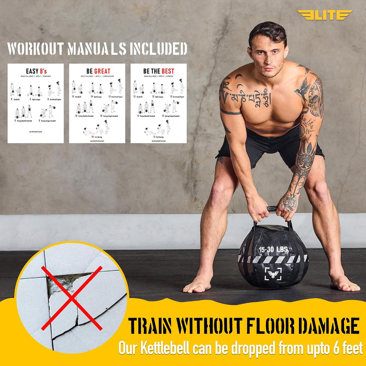 Elite Kettlebell Sandbag - Heavy Duty Sand Weights Bag for Cross Training, Strength Training, Workout, Functional Fitness, Adjustable Weight, Durable Training Equipment for Home & Gym (UN-FILLED)