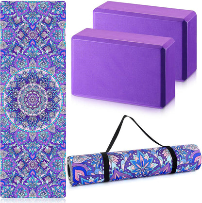 3 Pcs Yoga Mat and Blocks Set 6mm Non Slip Strap