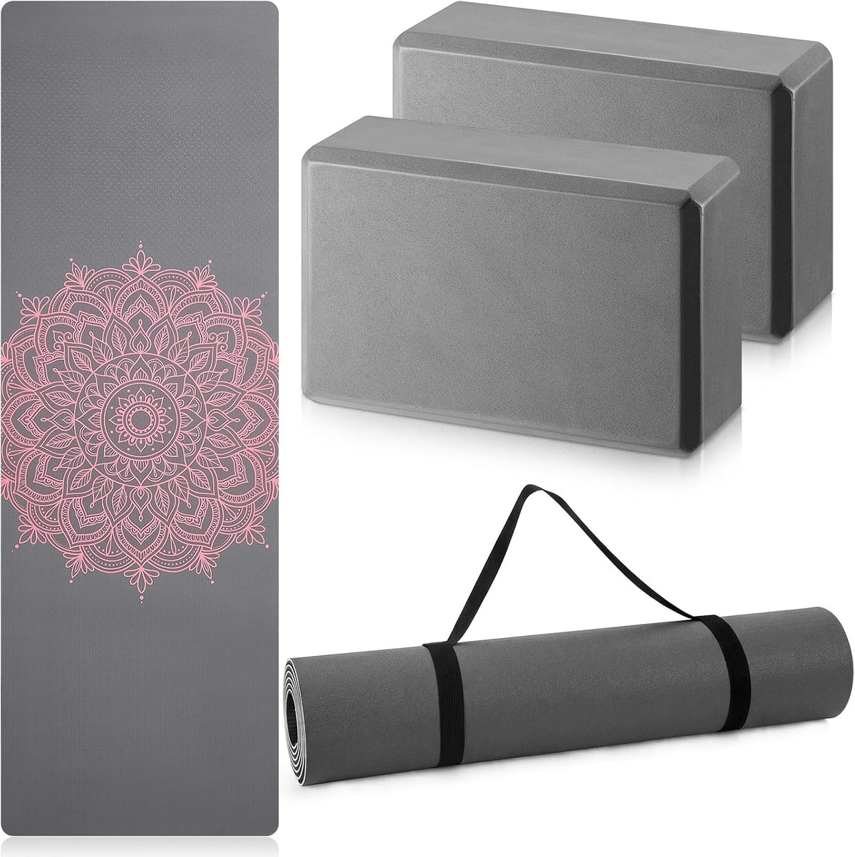 3 Pcs Yoga Mat and Blocks Set 6mm Non Slip Strap