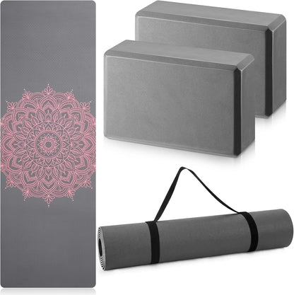 3 Pcs Yoga Mat and Blocks Set 6mm Non Slip Strap