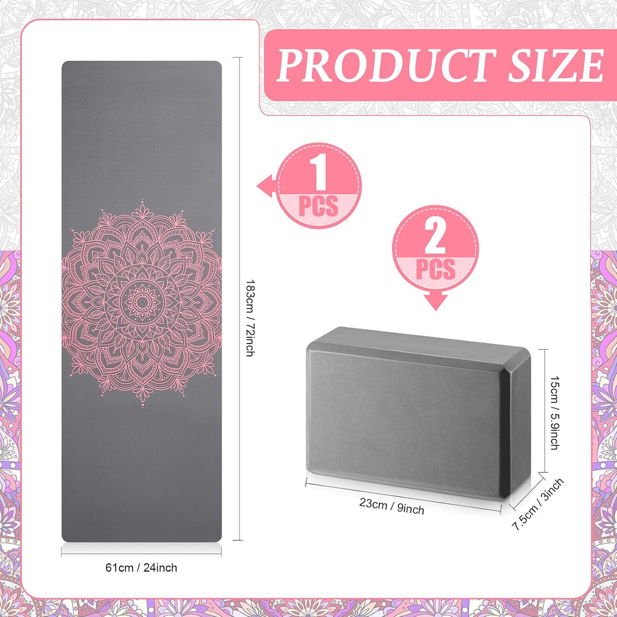 3 Pcs Yoga Mat and Blocks Set 6mm Non Slip Strap