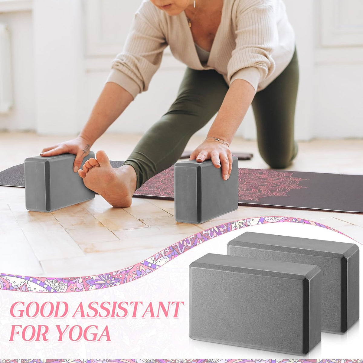 3 Pcs Yoga Mat and Blocks Set 6mm Non Slip Strap