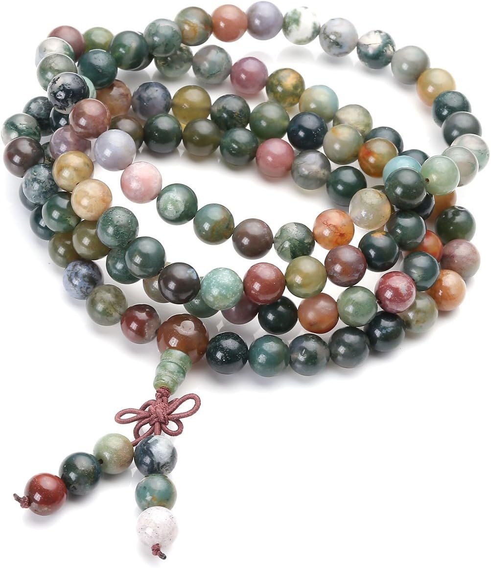 108 Mala Beads Bracelet 6mm 8mm Natural Indian Agate/Green Moss Agate Gemstone Healing Crystal Stone Beaded Bracelet Hand Knotted Prayer Mala Beads Necklace for Yoga Meditation Balance