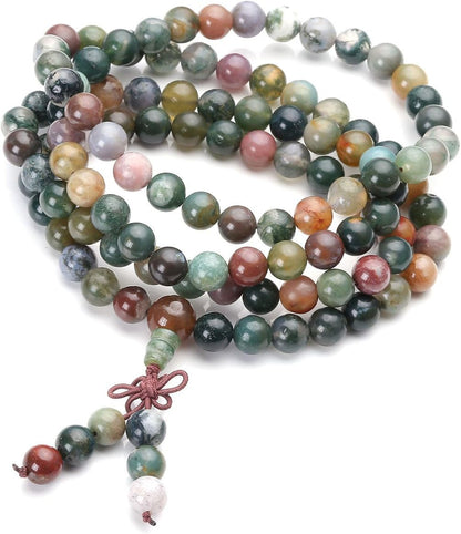 108 Mala Beads Bracelet 6mm 8mm Natural Indian Agate/Green Moss Agate Gemstone Healing Crystal Stone Beaded Bracelet Hand Knotted Prayer Mala Beads Necklace for Yoga Meditation Balance