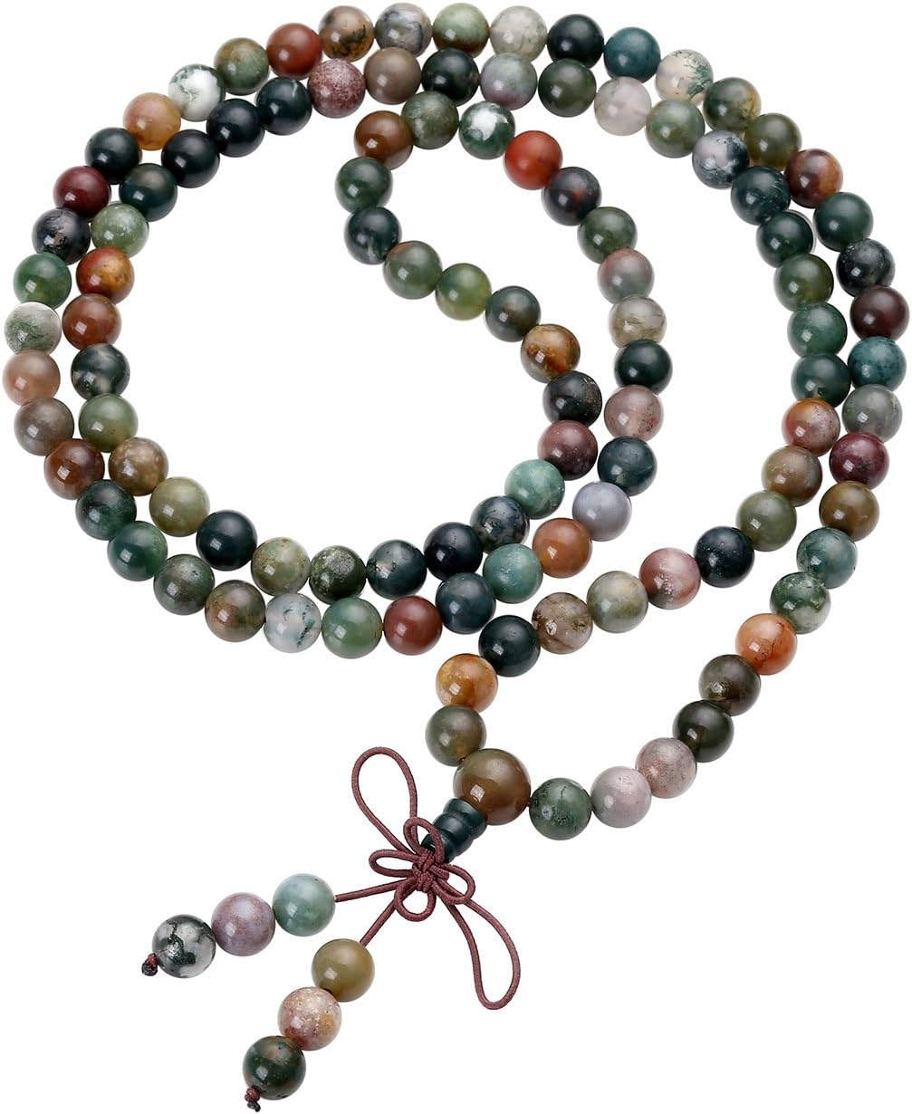 108 Mala Beads Bracelet 6mm 8mm Natural Indian Agate/Green Moss Agate Gemstone Healing Crystal Stone Beaded Bracelet Hand Knotted Prayer Mala Beads Necklace for Yoga Meditation Balance