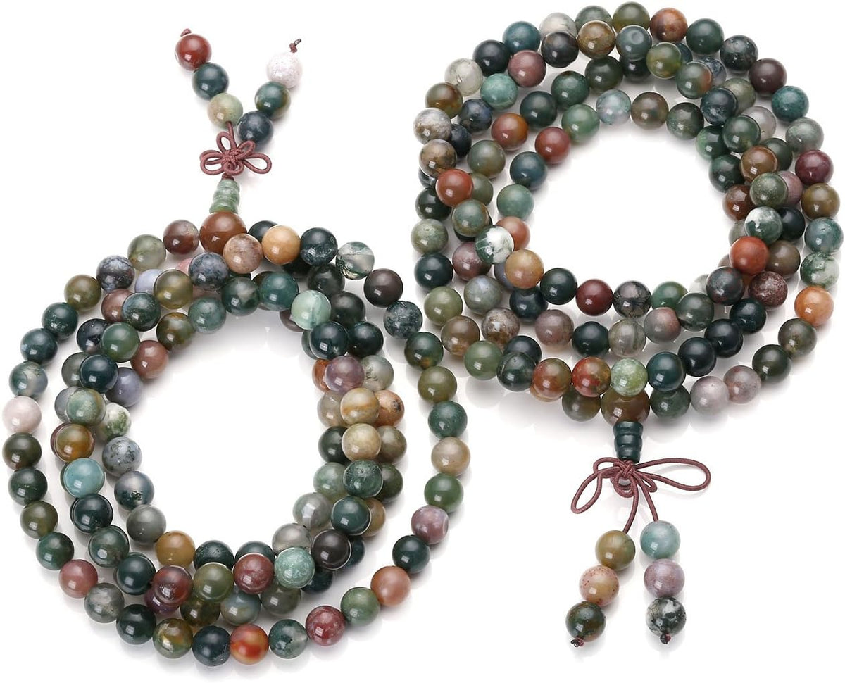 108 Mala Beads Bracelet 6mm 8mm Natural Indian Agate/Green Moss Agate Gemstone Healing Crystal Stone Beaded Bracelet Hand Knotted Prayer Mala Beads Necklace for Yoga Meditation Balance