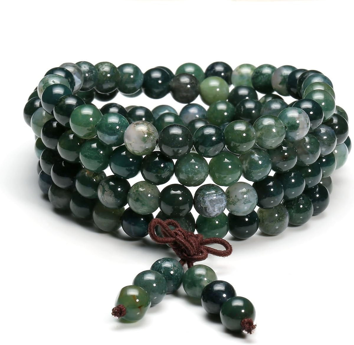 108 Mala Beads Bracelet 6mm 8mm Natural Indian Agate/Green Moss Agate Gemstone Healing Crystal Stone Beaded Bracelet Hand Knotted Prayer Mala Beads Necklace for Yoga Meditation Balance