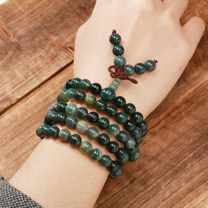 108 Mala Beads Bracelet 6mm 8mm Natural Indian Agate/Green Moss Agate Gemstone Healing Crystal Stone Beaded Bracelet Hand Knotted Prayer Mala Beads Necklace for Yoga Meditation Balance