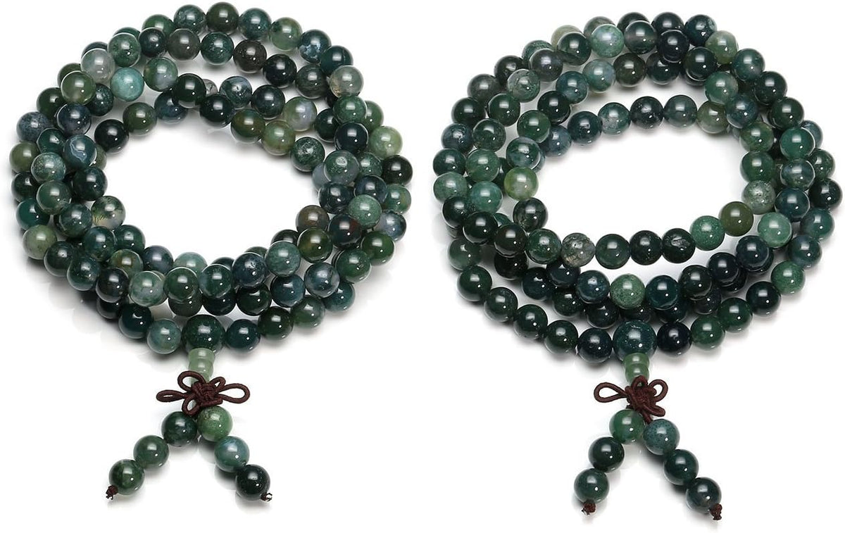 108 Mala Beads Bracelet 6mm 8mm Natural Indian Agate/Green Moss Agate Gemstone Healing Crystal Stone Beaded Bracelet Hand Knotted Prayer Mala Beads Necklace for Yoga Meditation Balance