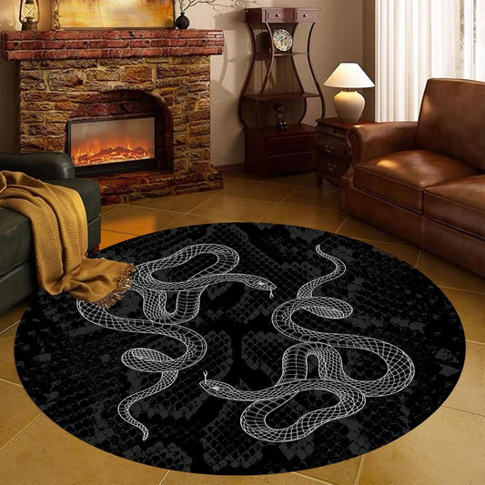 Black Snake Round 4ft Area Rug Wild Serpent Snakeskin Black Circle Rug Gothic Non-Slip Floor Mat for Bedroom Living Room Study Playing Round Yoga Mat Washable Carpet