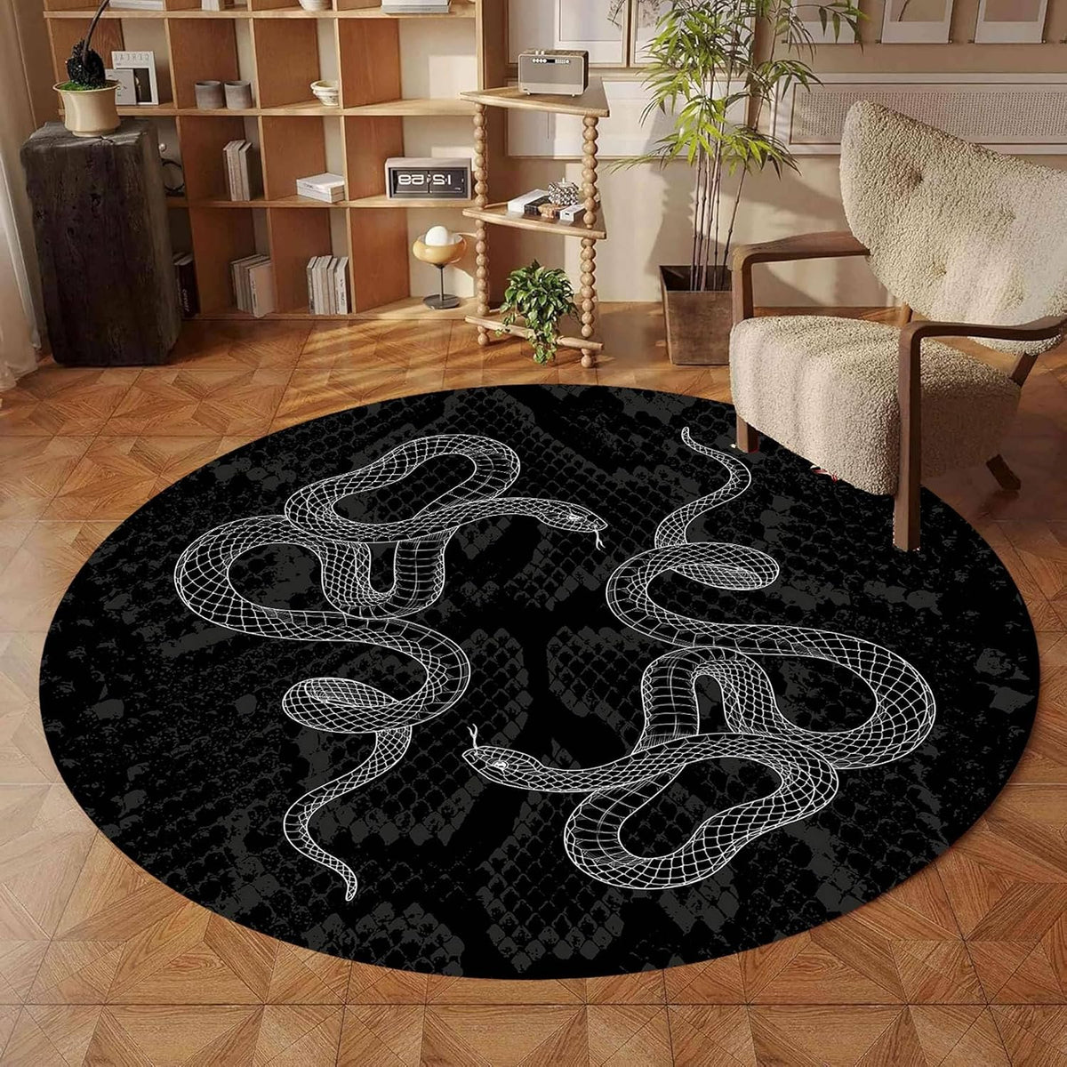 Black Snake Round 4ft Area Rug Wild Serpent Snakeskin Black Circle Rug Gothic Non-Slip Floor Mat for Bedroom Living Room Study Playing Round Yoga Mat Washable Carpet