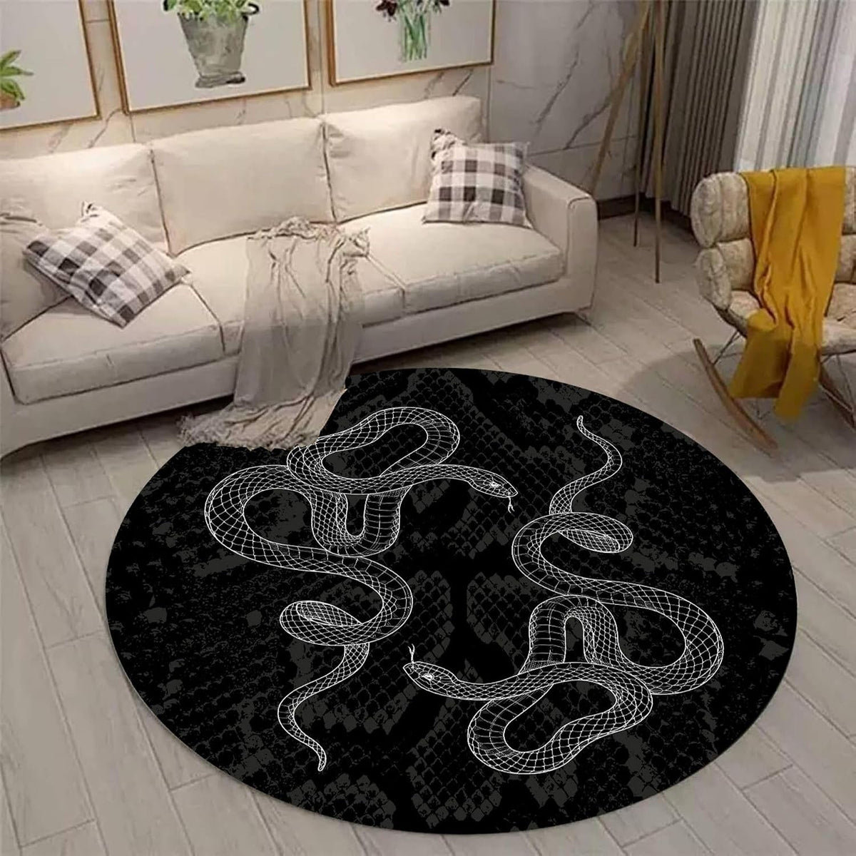 Black Snake Round 4ft Area Rug Wild Serpent Snakeskin Black Circle Rug Gothic Non-Slip Floor Mat for Bedroom Living Room Study Playing Round Yoga Mat Washable Carpet