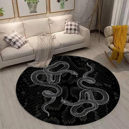 Black Snake Round 4ft Area Rug Wild Serpent Snakeskin Black Circle Rug Gothic Non-Slip Floor Mat for Bedroom Living Room Study Playing Round Yoga Mat Washable Carpet