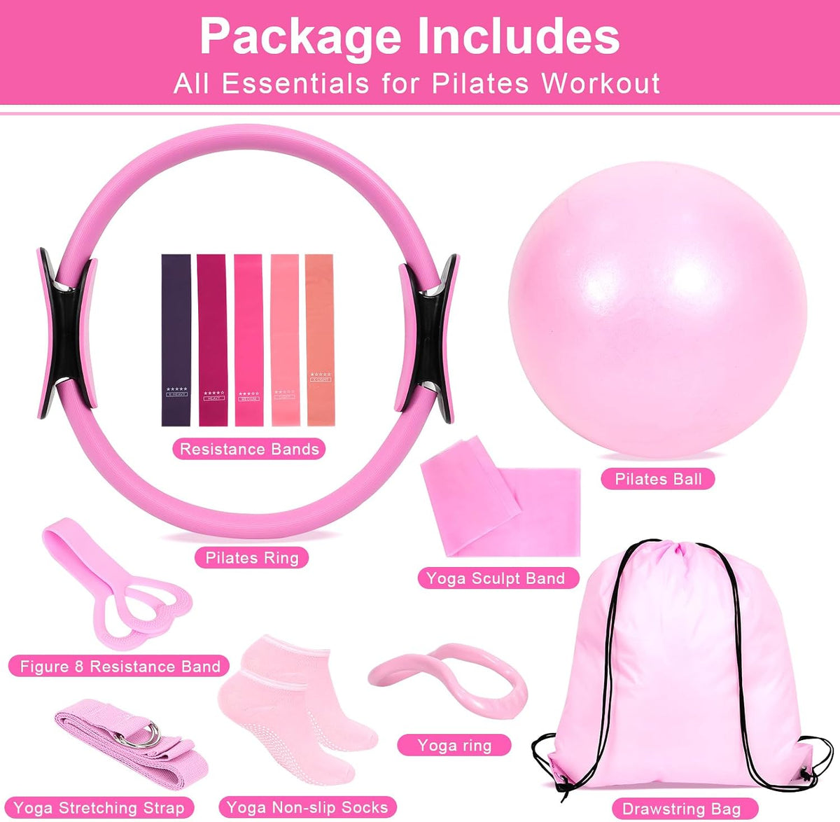 Home Pilates Essentials Kit for Women, Pilates Kit for Home Workouts, Pilates Equipment with Figure 8 Resistance Band, 14" Magic Circle, Yoga Ring, Pilates Accessories Set for Starter Workout