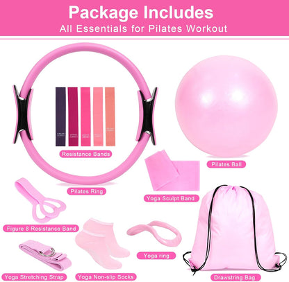 Home Pilates Essentials Kit for Women, Pilates Kit for Home Workouts, Pilates Equipment with Figure 8 Resistance Band, 14" Magic Circle, Yoga Ring, Pilates Accessories Set for Starter Workout