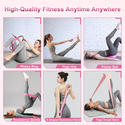 Home Pilates Essentials Kit for Women, Pilates Kit for Home Workouts, Pilates Equipment with Figure 8 Resistance Band, 14" Magic Circle, Yoga Ring, Pilates Accessories Set for Starter Workout