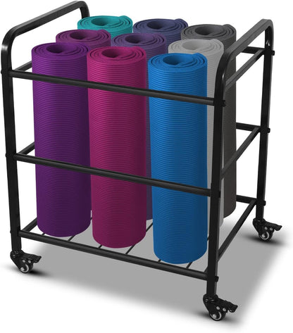 Black Yoga Mat Storage Rack, Home Gym Studio Organizer Cart for Foam Roller, Yoga Strap and Resistance Bands, Movable Black Sports Equipment Storage Rack with Wheels