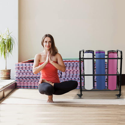 Black Yoga Mat Storage Rack, Home Gym Studio Organizer Cart for Foam Roller, Yoga Strap and Resistance Bands, Movable Black Sports Equipment Storage Rack with Wheels
