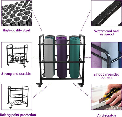 Black Yoga Mat Storage Rack, Home Gym Studio Organizer Cart for Foam Roller, Yoga Strap and Resistance Bands, Movable Black Sports Equipment Storage Rack with Wheels
