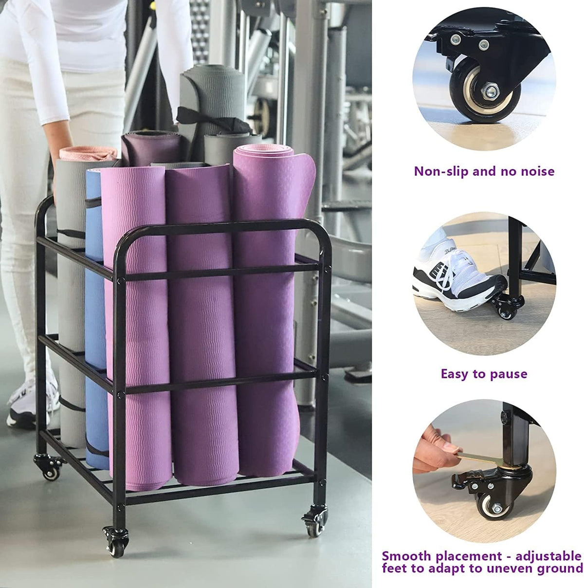 Black Yoga Mat Storage Rack, Home Gym Studio Organizer Cart for Foam Roller, Yoga Strap and Resistance Bands, Movable Black Sports Equipment Storage Rack with Wheels