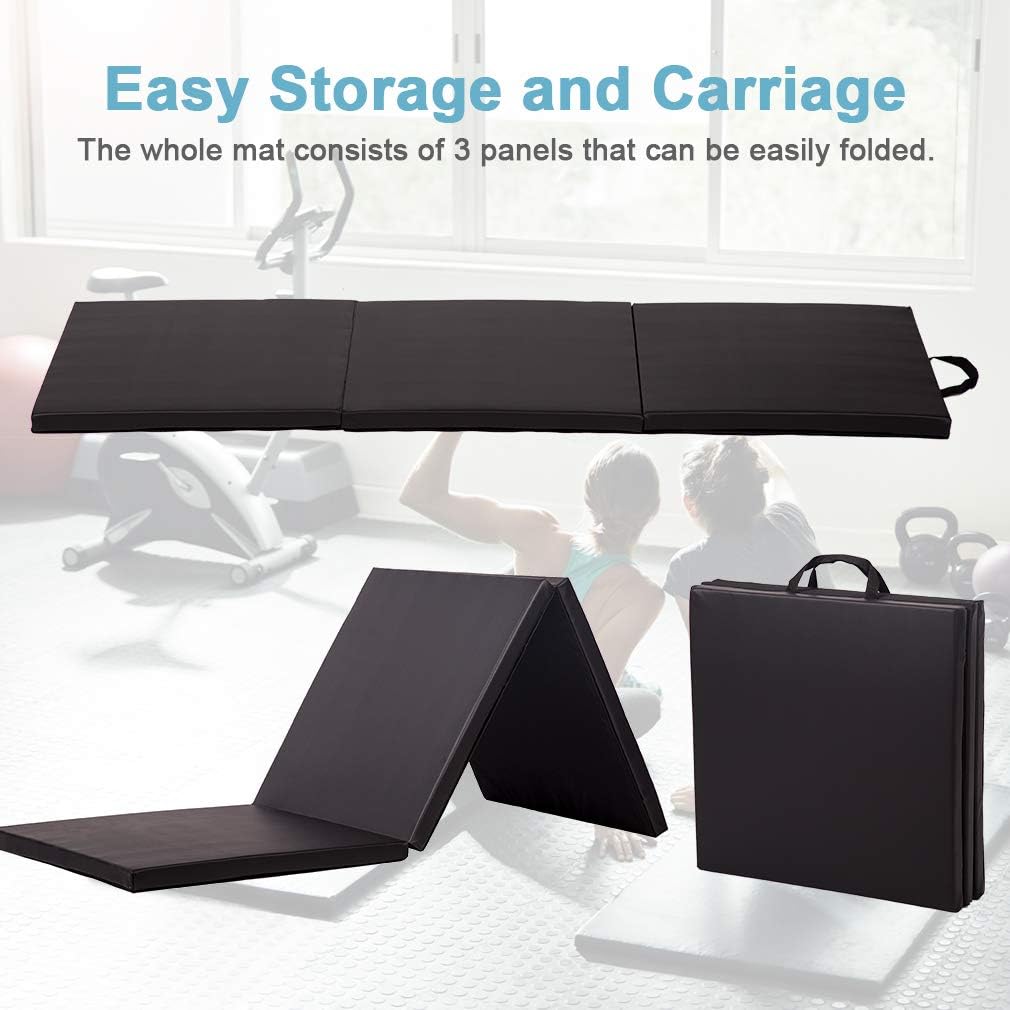 Exercise Mat 2'x6'/4'x8'/4'x10' Gymnastics Mat Folding Gymnastics Tumbling Mats 1.6"-2" Thick PU Leather Yoga Mat Portable With Carrying Handles for home Workout outdoor Yoga Pilates