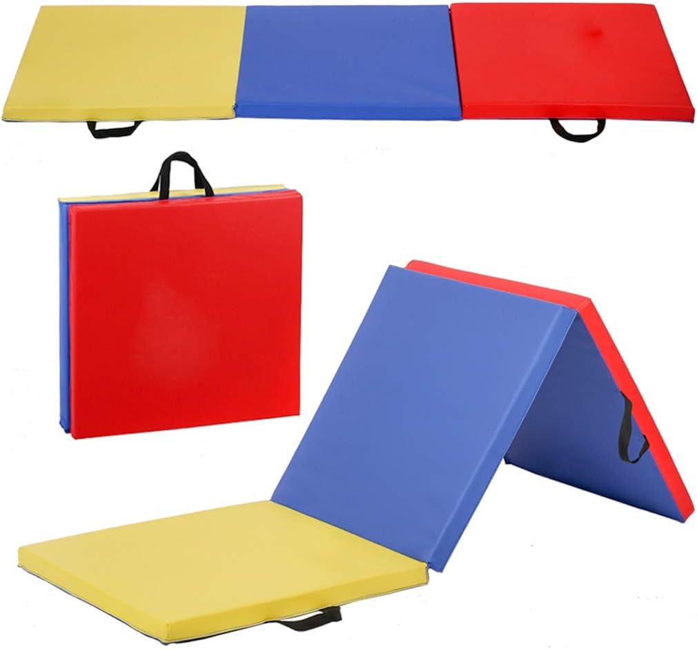 Exercise Mat 2'x6'/4'x8'/4'x10' Gymnastics Mat Folding Gymnastics Tumbling Mats 1.6"-2" Thick PU Leather Yoga Mat Portable With Carrying Handles for home Workout outdoor Yoga Pilates